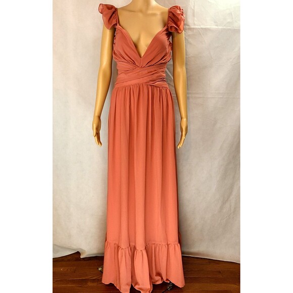 New LULUS Women's (L) Soiree Celebration Rusty Rose Ruffled Lace-Up Maxi Dress - Picture 2 of 15